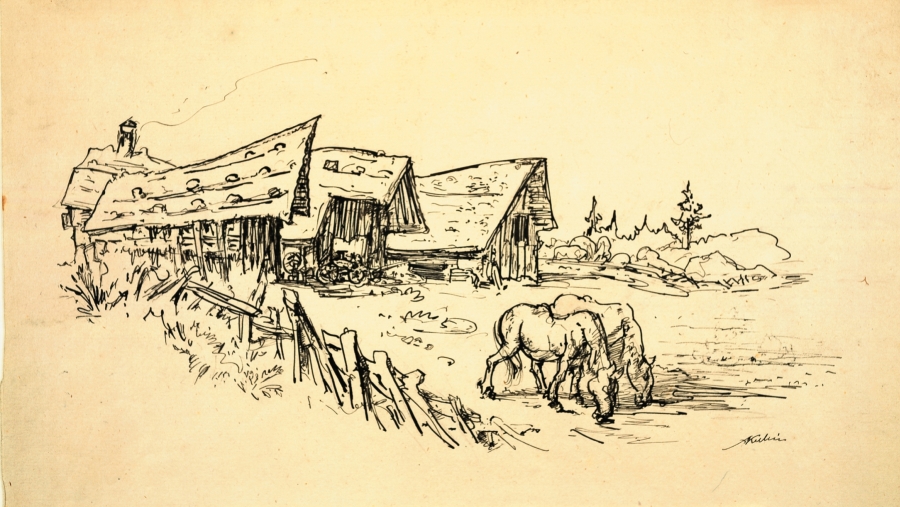 Alfred Kubin (1877–1959), Motiv aus Maishofen, um 1922/1923, Tusche auf Papier, Oberösterreichisches Landesmuseum, Grafische Sammlung der Landesgalerie Linz, Inv.-Nr. Ha 3424 II, © Eberhard Spangenberg, München/Bildrecht Wien, 2019
