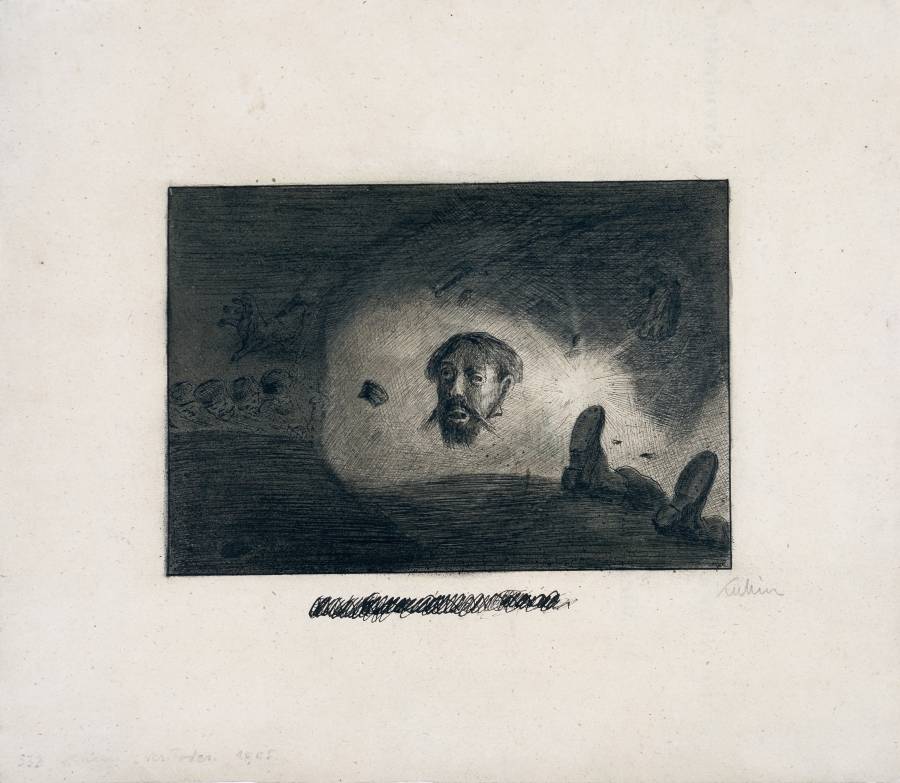 Alfred Kubin (1877–1959), Sekunde des Todes, um 1899/1900, Tusche, laviert, gespritzt auf Katasterpapier, Oberösterreichisches Landesmuseum, Grafische Sammlung der Landesgalerie Linz, Inv.-Nr. Ha 3209 II, © Eberhard Spangenberg, München/Bildrecht Wie