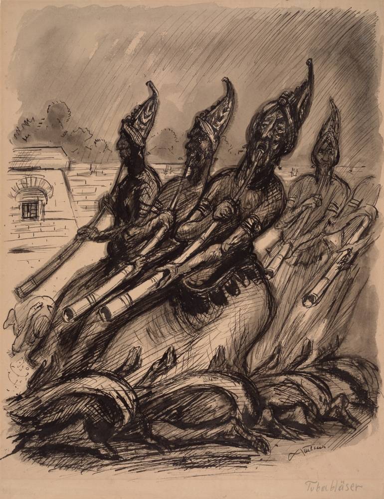 Alfred Kubin (1877–1959), Tubabläser, um 1938, Tusche, laviert auf Papier, Oberösterreichisches Landesmuseum, Grafische Sammlung der Landesgalerie Linz, Inv.-Nr. Ha 3932 II, © Eberhard Spangenberg, München/Bildrecht Wien, 2019
