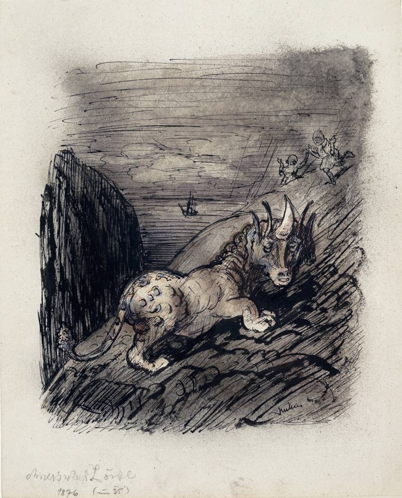 Alfred Kubin (1877–1959), Chinesischer Löwe, um 1933, Aquarell, Tusche, gespritzt auf Papier, Oberösterreichisches Landesmuseum, Grafische Sammlung der Landesgalerie Linz, Inv.-Nr. Ha 3733 II,  © Eberhard Spangenberg, München/Bildrecht Wien, 2019