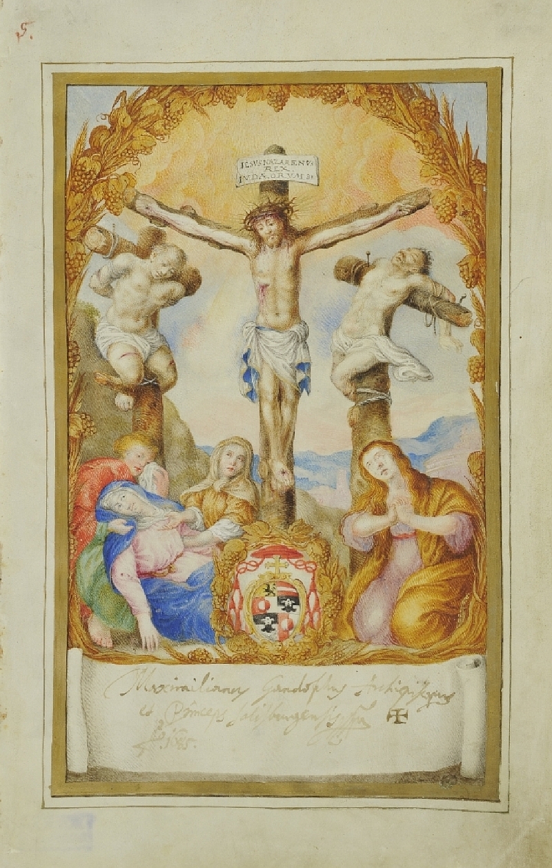 Kreuzigungsgruppe aus einem Bruderschaftsbuch, unbekannter Künstler, 1685, Inv.-Nr. 4765-49
