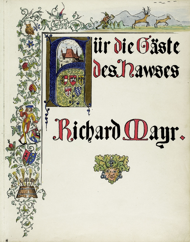 Guest book of Richard Mayr, Salzburg, Vienna, Henndorf, paper, cardboard, ink, coloured pencil, watercolour, inv. no. BIB HS 2481