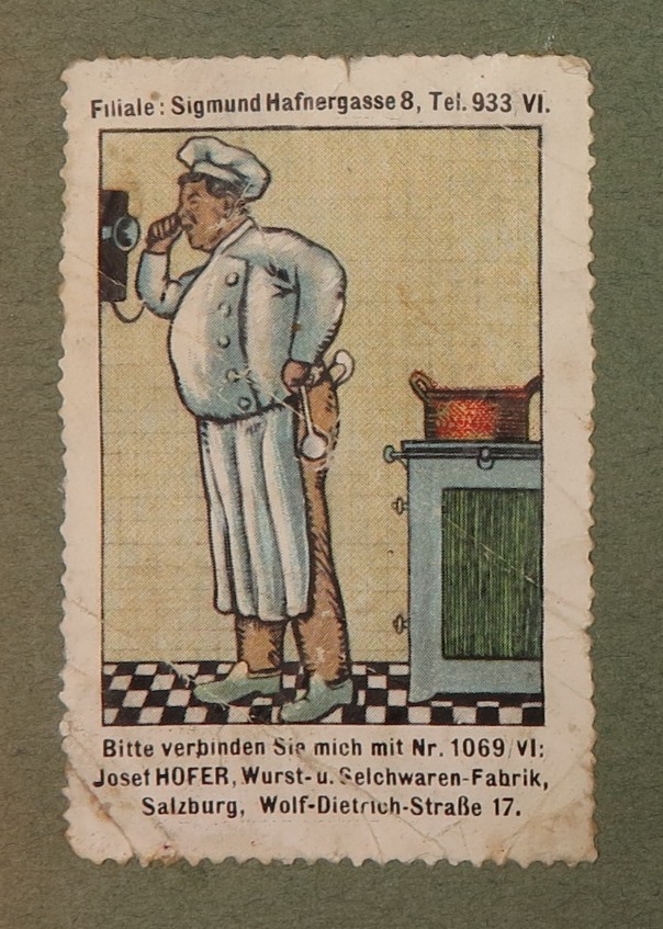 Poster stamp album, Selection: 531 Wurst- und Selchwarenfabrik (Sausage Products and Smoked Meats Factory) Hofer, gift: Dr. Vita Huber-Hering, Darmstadt, Salzburg, 1900-20, cardboard, paper, bound and glued, print, inv. no. BIB DRU 28857