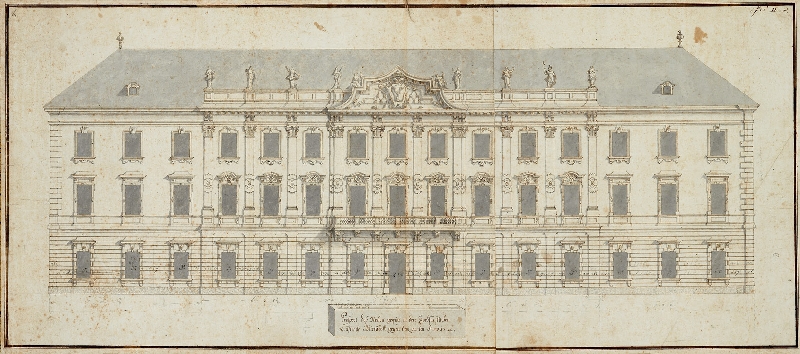 Aufriss der Gartenfassade von Schloss Mirabell, Johann Lukas von Hildebrandt, 1722, Feder in Braun, grau laviert, auf gedrahtetem Papier, Inv.-Nr. 13233-49