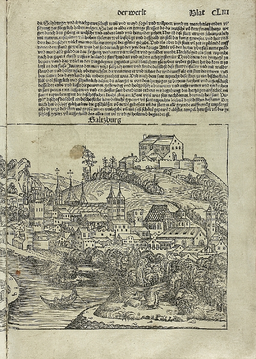 Hartmann Schedel, author, Michael Wolgemut, illustrations, view of the Fortress and the Cathedral in Salzburg, in: Hartmut Schedel, Buch der Chroniken, Nuremberg, 1493, paper, cardboard, print, inv. no. BIB INK 1, Bl. CCLXXIII