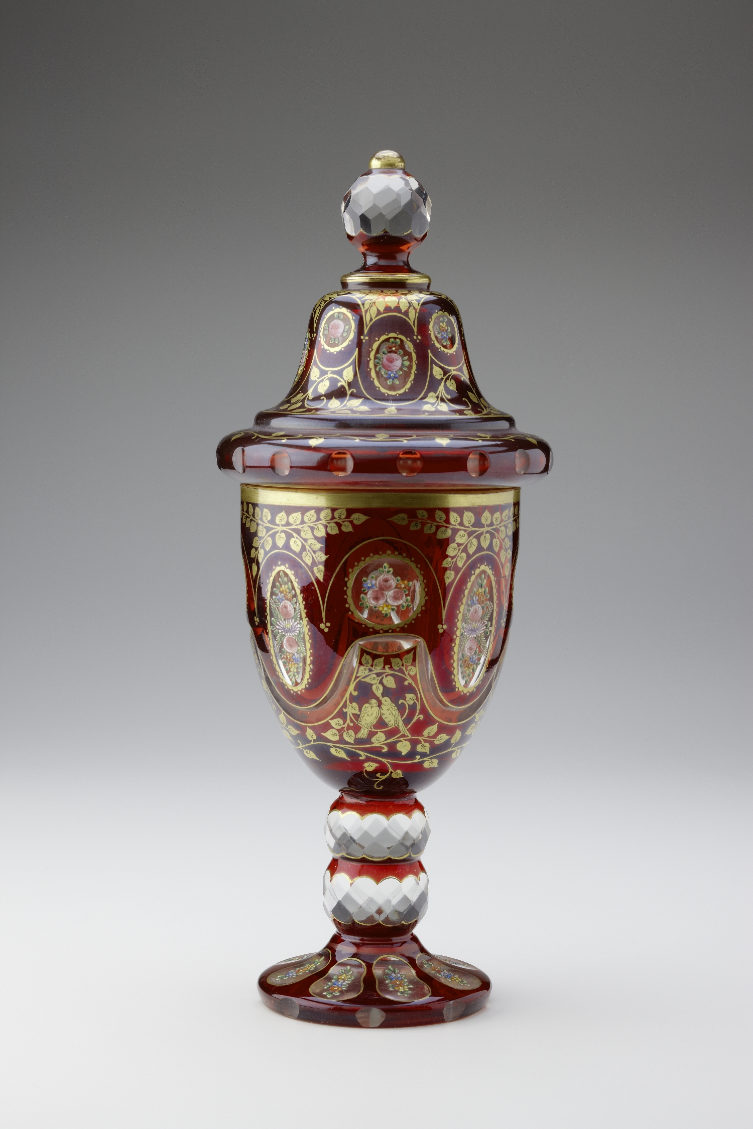Covered goblet, Bohemia, mid-19th c., glass, stained, cut, painted, inv. no. 2400-2010