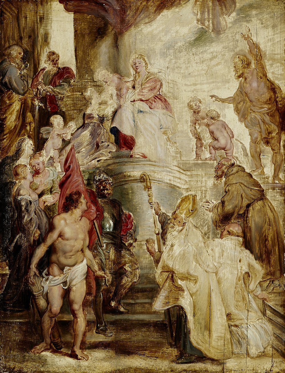 Mystische Vermählung der heiligen Katharina, Peter Paul Rubens, 1628, Öl auf Eichenholz, Inv.-Nr. RO 0357; einer der Entwürfe für das Hochaltarblatt in der Augustinerkirche in Antwerpen