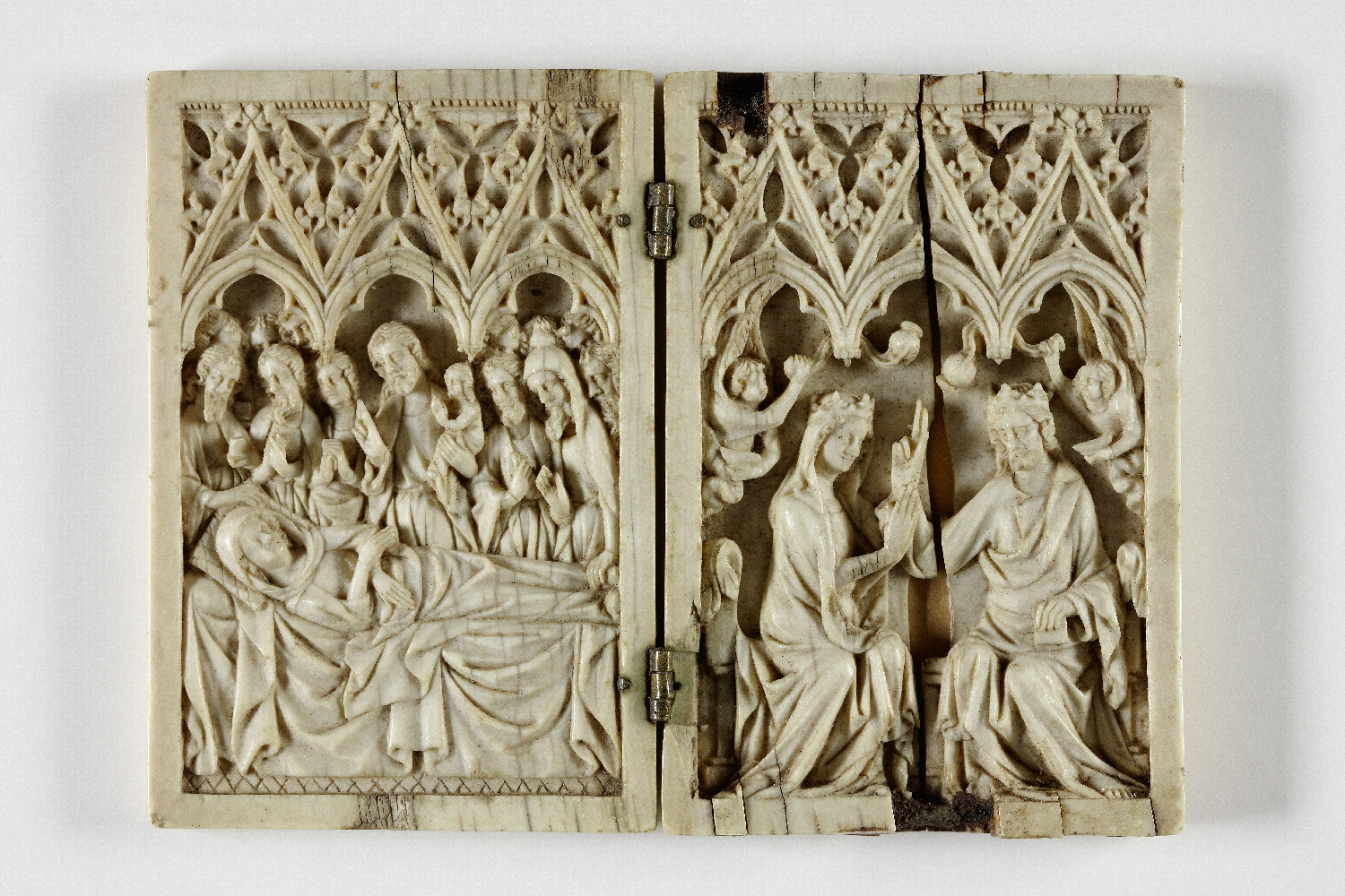 Diptych with portrayals of the Crowning of the Virgin Mary and Dormition of the Virgin, region of Maas or Central Rhine, ca. 1350, ivory, brass, inv. no. 20-32