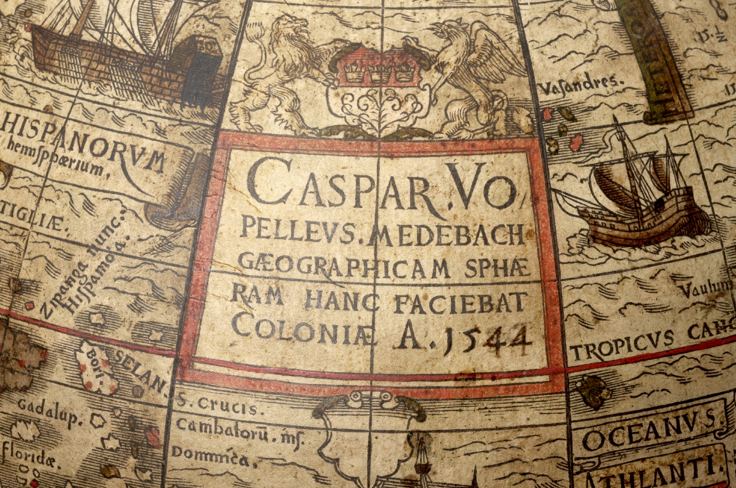 World globe, Caspar Vopelius, Cologne, 1544, cardboard, plaster, copper engraving on paper, wood, inv. no. K 1630-49