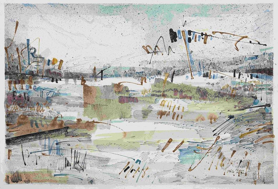 Werner Otte (1922–1996), Abstrahierte Landschaft, 1970, Aquarell, Federzeichnung auf Büttenpapier, Salzburg Museum, © Hanns und Werner Otte, Salzburg