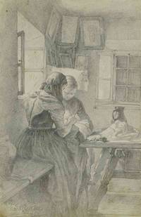 Johann (Hans) Berger (1846–1929), Nähende Mädchen im Herrgottswinkel, um 1870, Bleistift auf Papier, Salzburg Museum, Inv.-Nr. 529-75