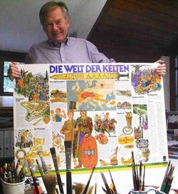 Werner Hölzl mit dem Plakat zur Landesausstellung 1980 „Die Kelten in Mitteleuropa“, das er entworfen und gezeichnet hat. © Flora Hölzl