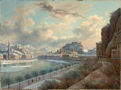 Hubert Sattler (1817–1904), Kosmorama: Blick auf das winterliche Salzburg vom Klausentor aus, um 1875, Öl auf Leinwand, Salzburg Museum, Inv.-Nr. 7004-49