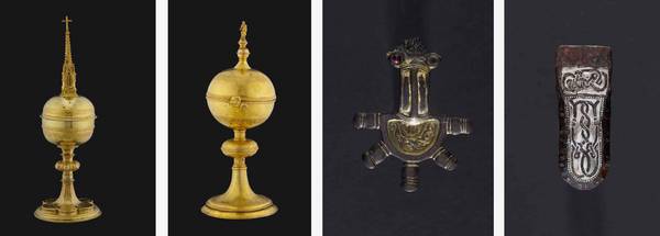 v.li.n.re. Ziborium aus der Bürgerspitalkirche, 1411, Silber vergoldet, Inv.Nr. 148-64, Ziborium, Ende 15. Jhdt., Kupfer vergoldet, Inv.Nr. 6554-49, Sprossenfibelfragment, Merowingerzeit, Silber, Inv.Nr. 384-57; Riemenzunge, Frühmittelalter, Eisen, Silb