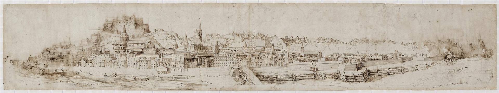 Salzburg von Norden, Philipp Harpff zugeschrieben, Feder in Bister auf Papier (aus zwei Teilen zusammengesetzt), Salzburg Museum Inv.-Nr. 70-25