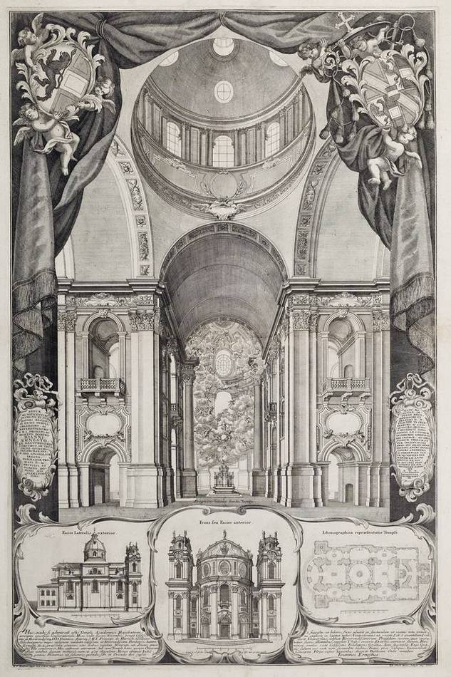 Johann Ulrich Krauß (1655–1719) nach Ämilian Rösch (1639–1711), Dedikationsstich zur Fertigstellung der Kollegienkirche, Salzburg, 1707, Kupferstich, © Salzburg Museum